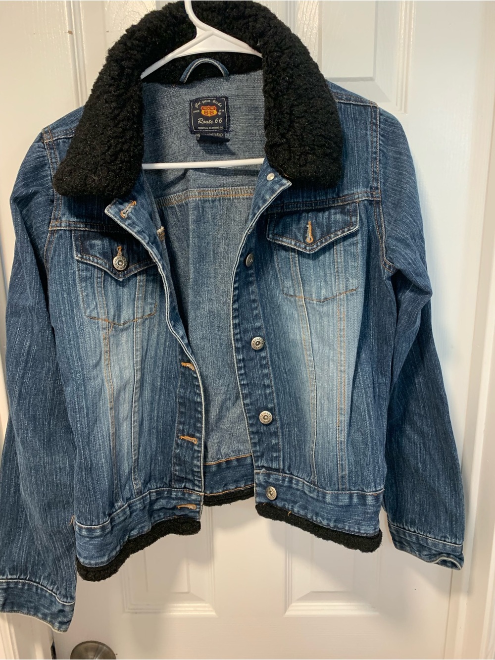 Route 66 Women's Dark Blue Denim Jacket with Black Sherpa Collar